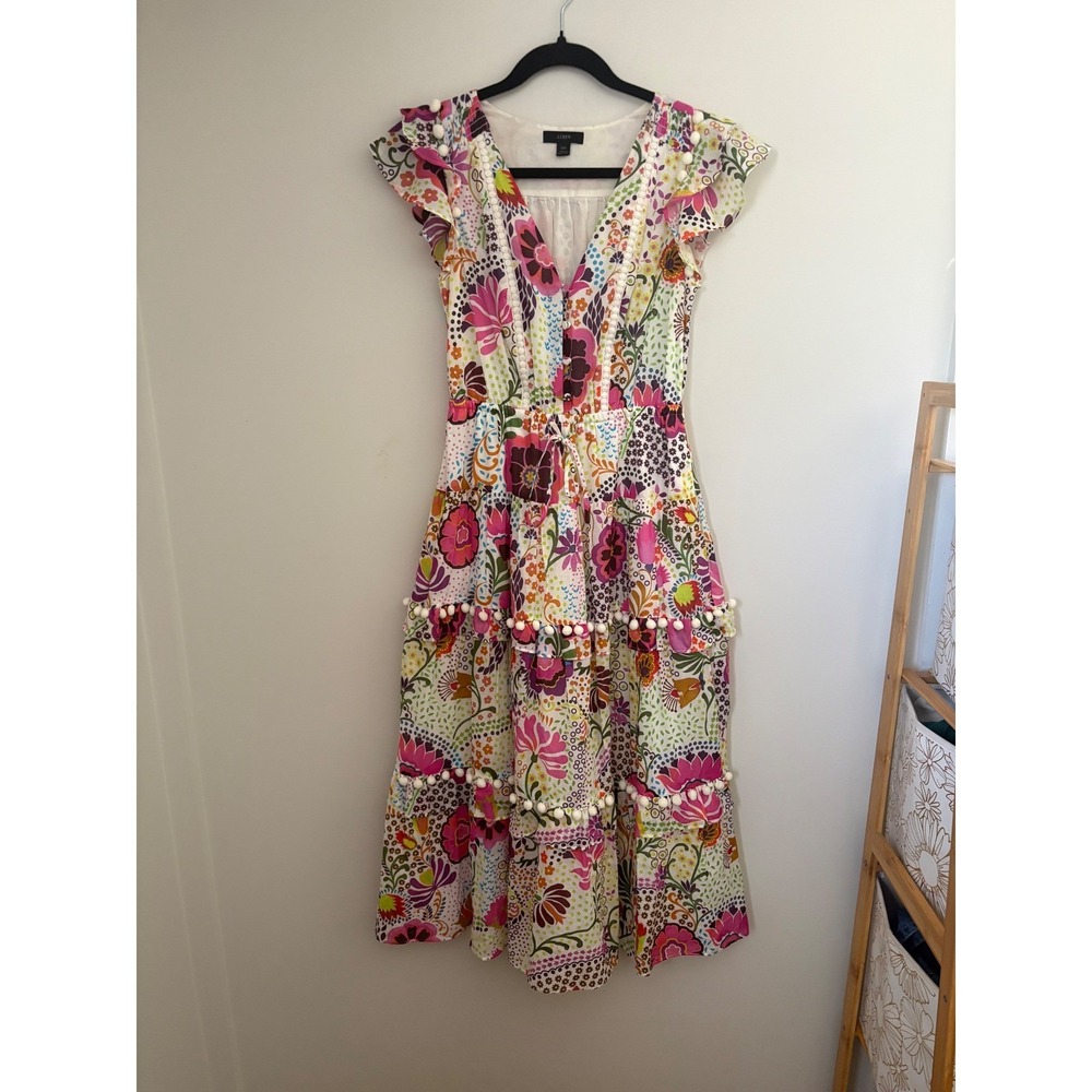 J.Crew Pom-Pom Tiered Midi Dress in Ratti Retro Floral Cotton 00 Boho Feminine